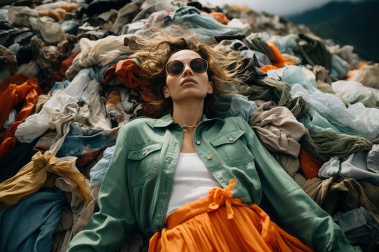 woman sleeping on the pile of used clothes with fashioning sustainability message