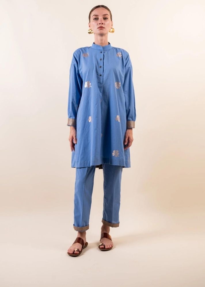 A Model Wearing Blue Pure Cotton Laxmi Alva Co-Ord Set, curated by Only Ethikal