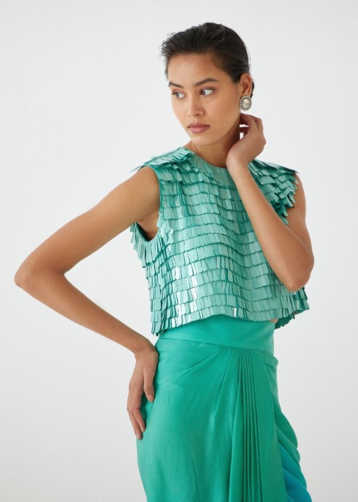 A Model Wearing Multicolor Organic Cupro Caspian Blouse & Ombre Draped Skirt, curated by Only Ethikal
