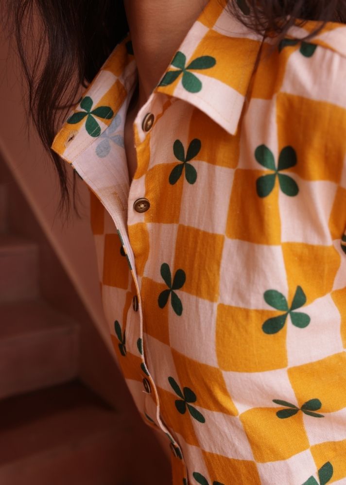 A Model Wearing Multicolor Organic Cotton Rio Shirt- Mustard Checks Print, curated by Only Ethikal
