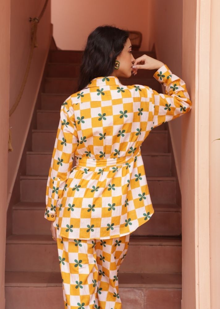 A Model Wearing Multicolor Organic Cotton Rio Shirt- Mustard Checks Print, curated by Only Ethikal
