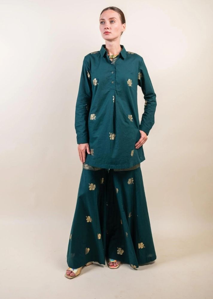 A Model Wearing Green Pure Cotton Amaya Sharara Set, curated by Only Ethikal