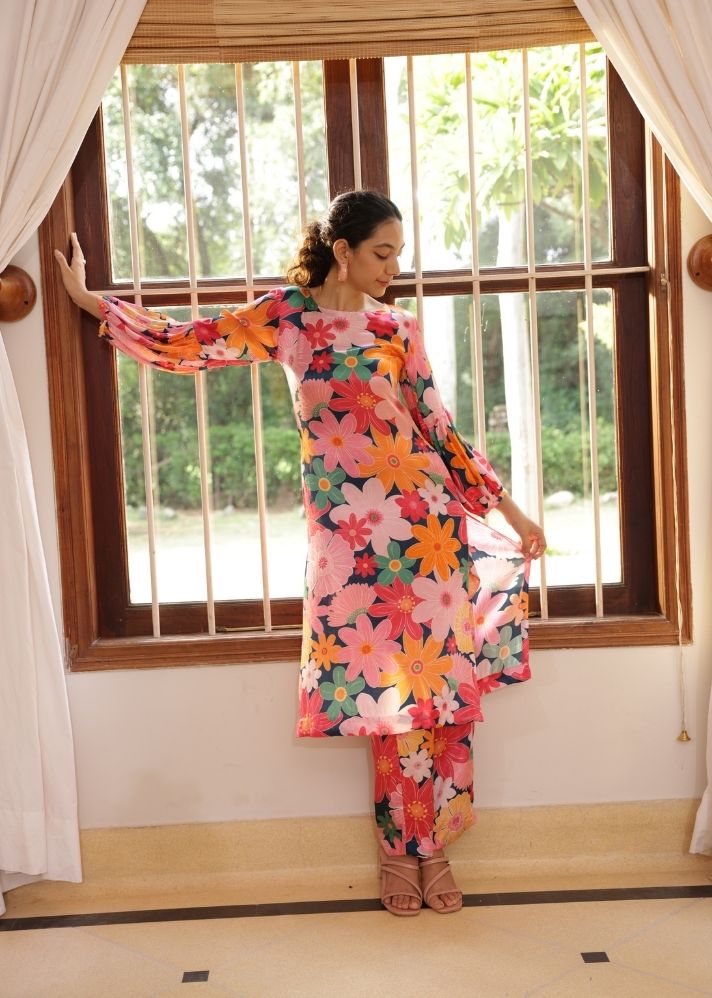 A Model Wearing Multicolor Vegan Silk Bloom Kurta Set- Mosaic Pink Print, curated by Only Ethikal