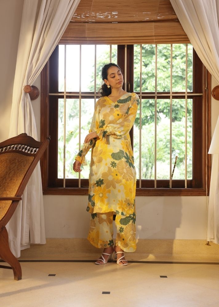 A Model Wearing Multicolor Vegan Silk Greece Kurta Set- Mosaic Yellow Print, curated by Only Ethikal