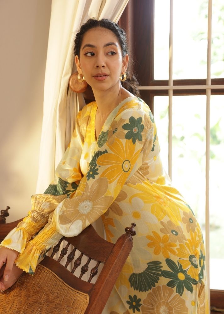 A Model Wearing Multicolor Vegan Silk Greece Kurta Set- Mosaic Yellow Print, curated by Only Ethikal