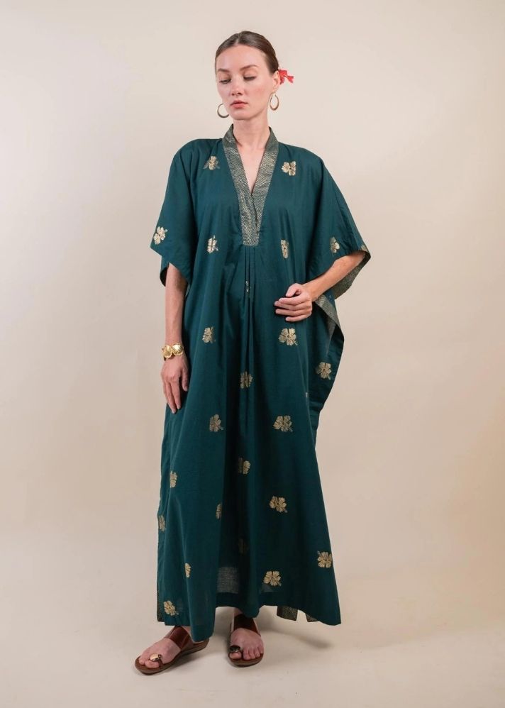 A Model Wearing Green Pure Cotton Ura Kaftan, curated by Only Ethikal