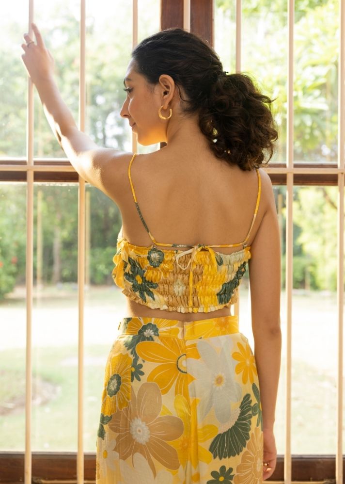 A Model Wearing Multicolor Vegan Silk Swing Crop Top- Mosaic Yellow Print, curated by Only Ethikal