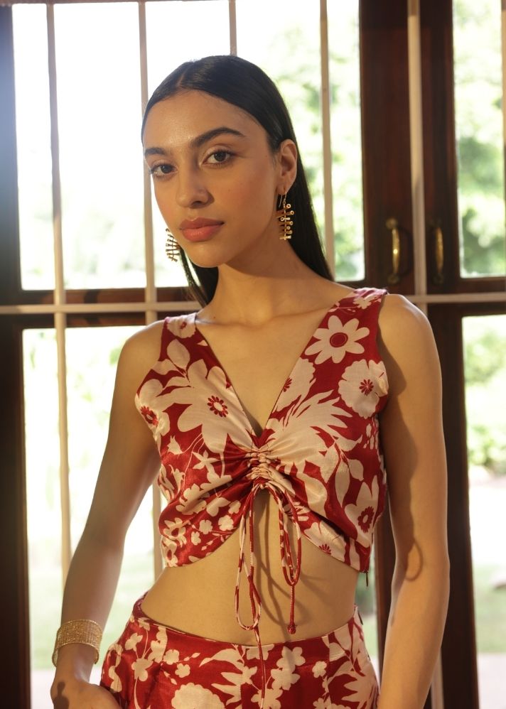 A Model Wearing Multicolor Vegan Silk Masai Crop Top- Oasis Red Print, curated by Only Ethikal