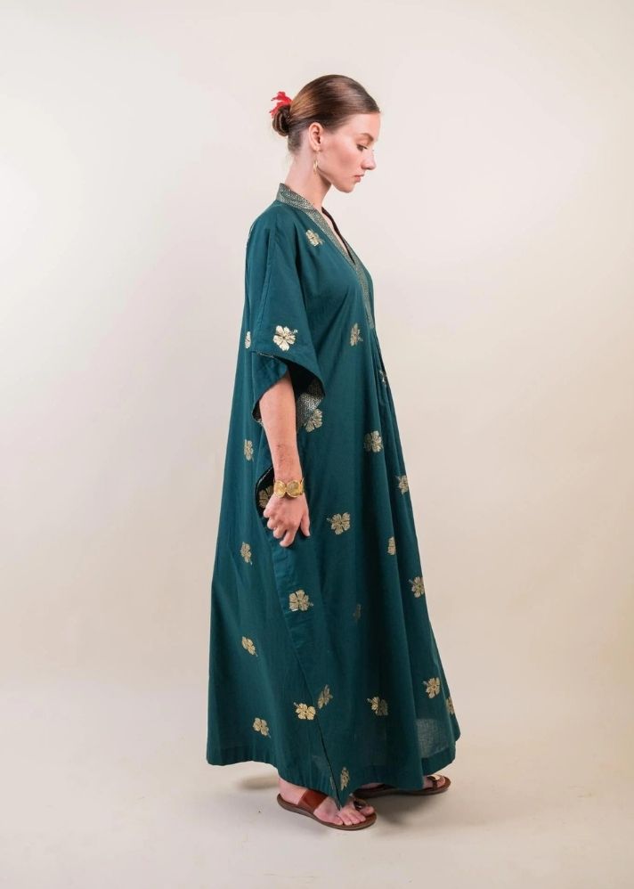 A Model Wearing Green Pure Cotton Ura Kaftan, curated by Only Ethikal