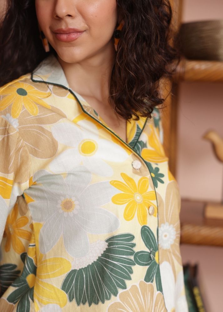 A Model Wearing Multicolor Organic Cotton Samui Shirt- Mosaic Yellow Print, curated by Only Ethikal