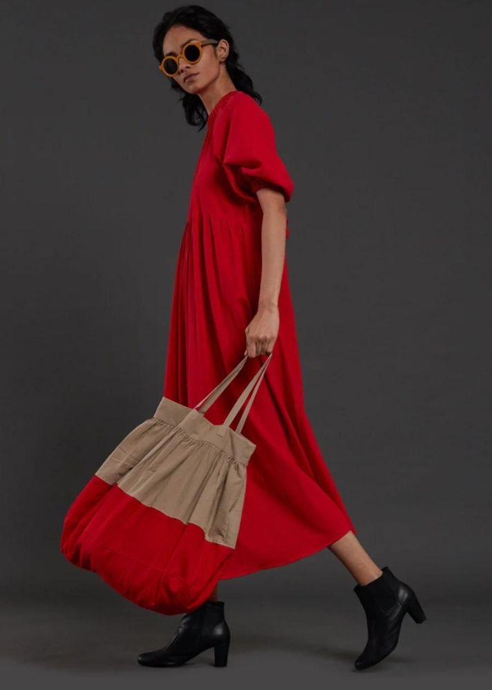 A Model Wearing Multicolor Pure Cotton Beige & Red Tote Bag, curated by Only Ethikal