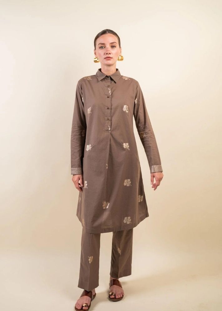 A Model Wearing Brown Pure Cotton Nalini Co-Ord Set, curated by Only Ethikal