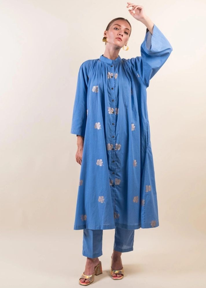 A Model Wearing Blue Pure Cotton Tej Rhea Co-Ord Set , curated by Only Ethikal