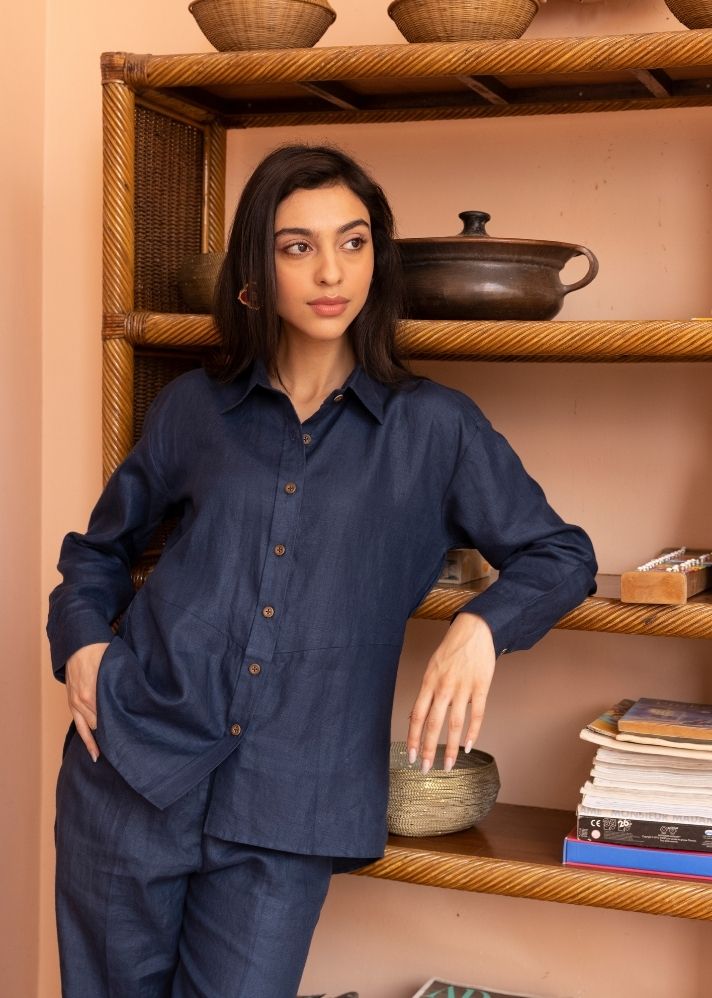 A Model Wearing Blue Hemp Hemp Shirt- Navy, curated by Only Ethikal