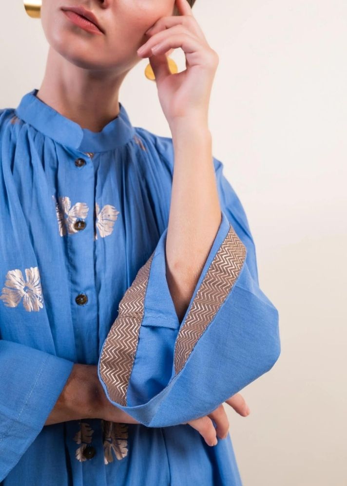 A Model Wearing Blue Pure Cotton Tej Rhea Co-Ord Set , curated by Only Ethikal