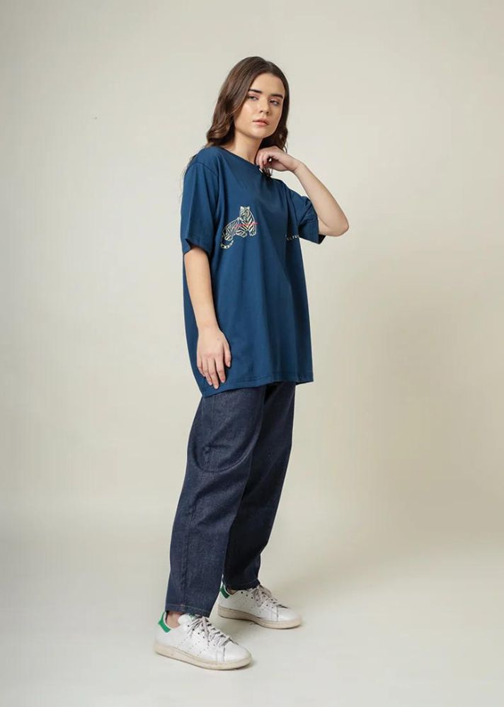 A Model Wearing Blue Organic Cotton Blue Alter Culture T-Shirt, curated by Only Ethikal