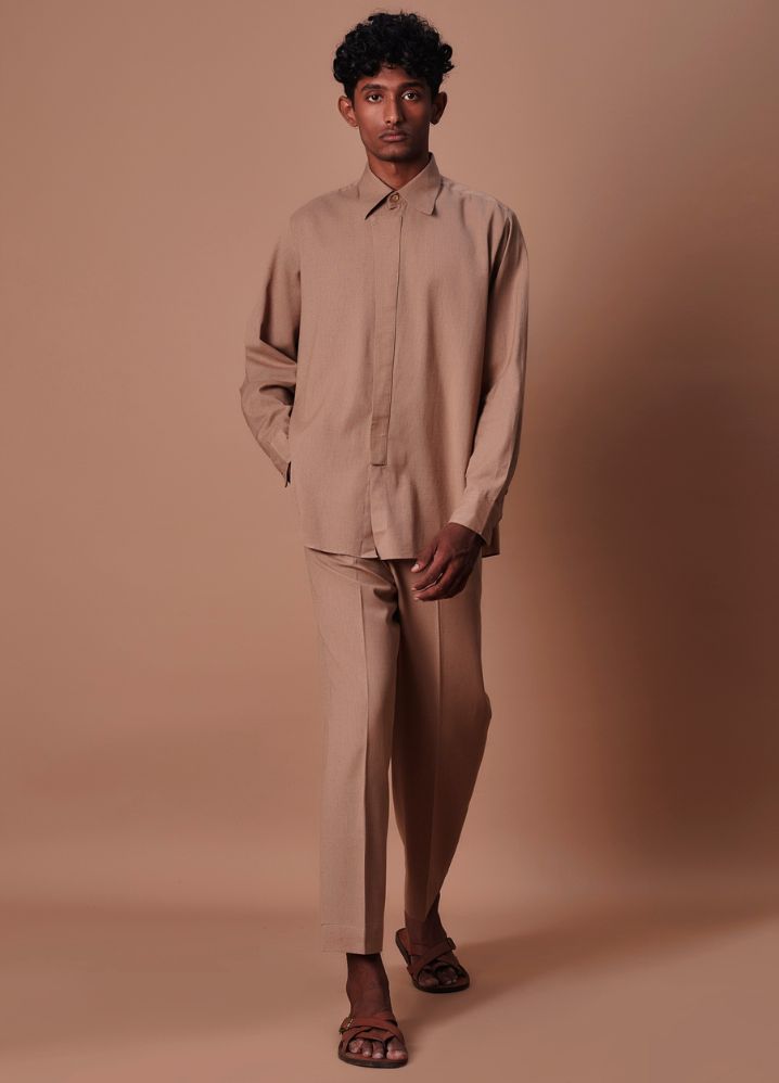 A Model Wearing  Brown Pure Cotton Brown Placket Shirt And Ankle Pant Set, curated by Only Ethikal