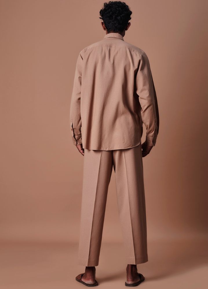A Model Wearing  Brown Pure Cotton Brown Placket Shirt And Ankle Pant Set, curated by Only Ethikal