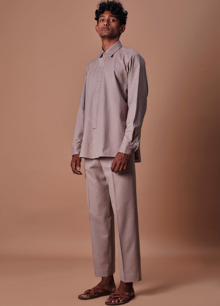 A Model Wearing  Grey Pure Cotton Grey Placket Shirt And Ankle Pant Set, curated by Only Ethikal