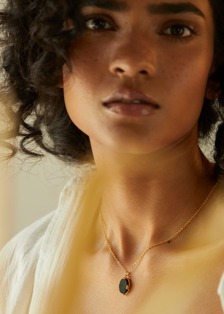 A Model Wearing Black Gold Plated Brass Ira With Lock Chain, curated by Only Ethikal