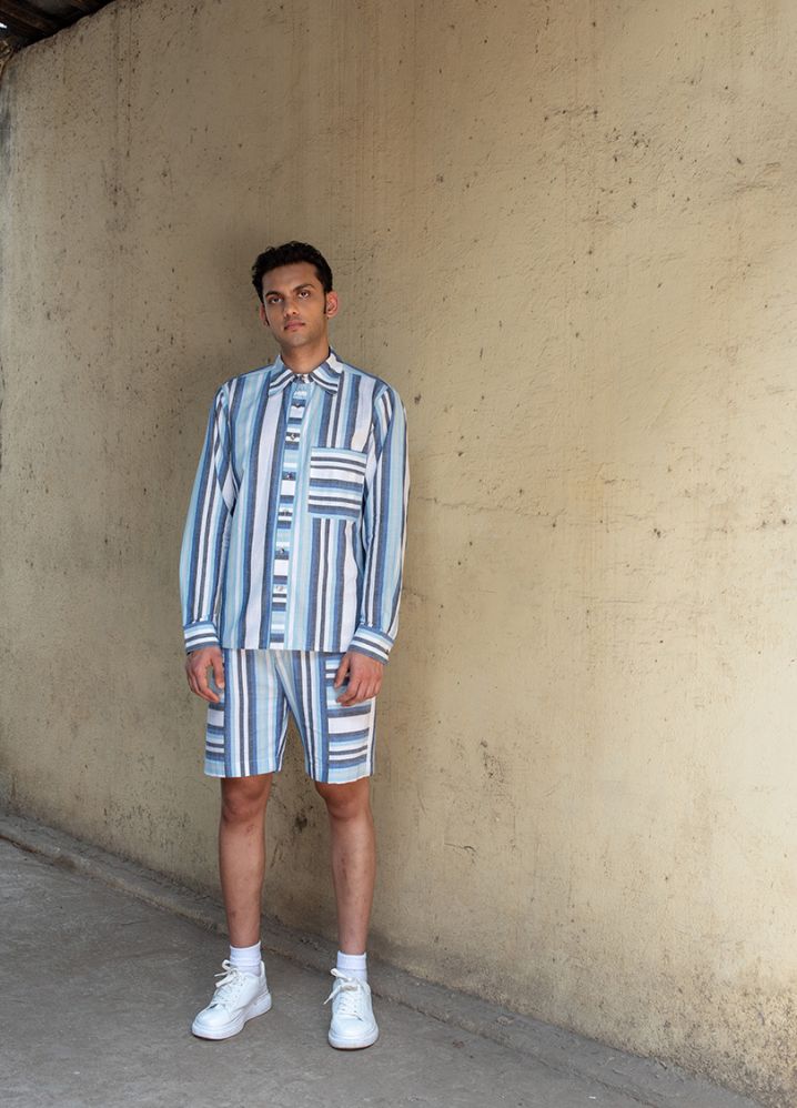 A model wearing Striped Multicolor Handwoven Cotton Placket Detail Shirt, curated by Only Ethikal