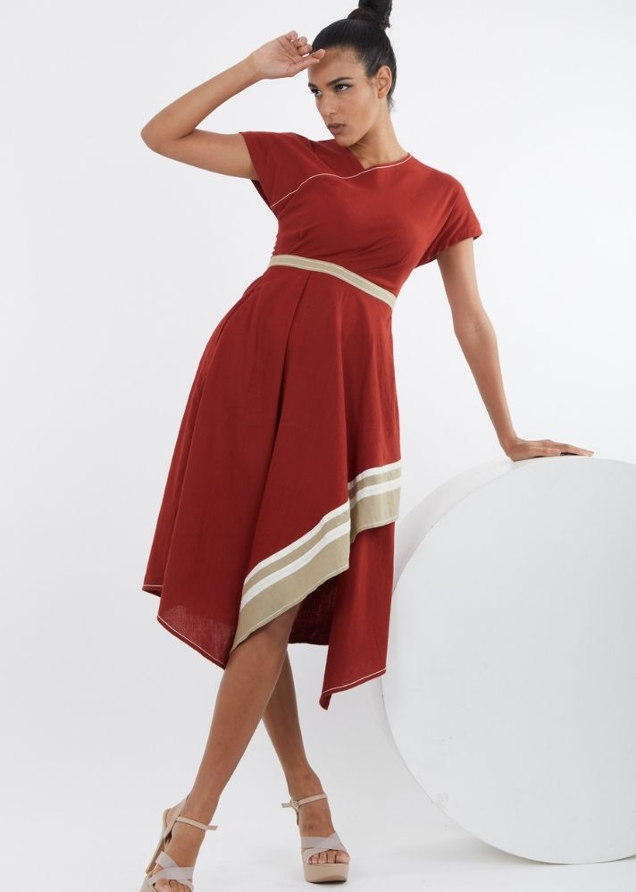 A Model Wearing Red Pure Cotton Sumi Madder Red Midi Dress, curated by Only Ethikal