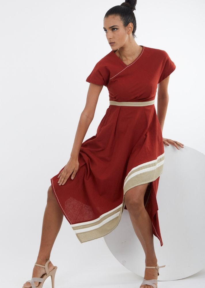 A Model Wearing Red Pure Cotton Sumi Madder Red Midi Dress, curated by Only Ethikal