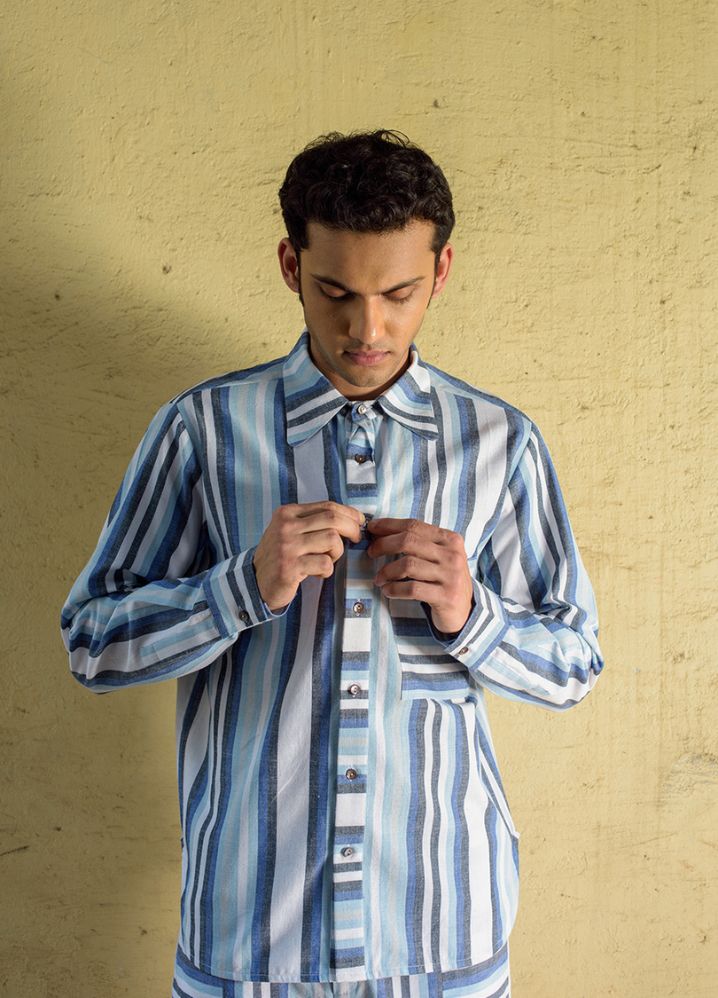 A model wearing Striped Multicolor Handwoven Cotton Placket Detail Shirt, curated by Only Ethikal