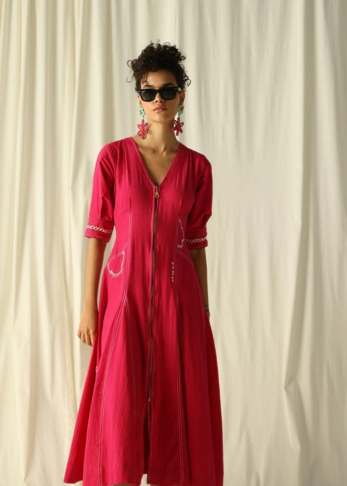 A Model Wearing Pink Cotton Khadi Khajjiar Handwoven Dress, curated by Only Ethikal