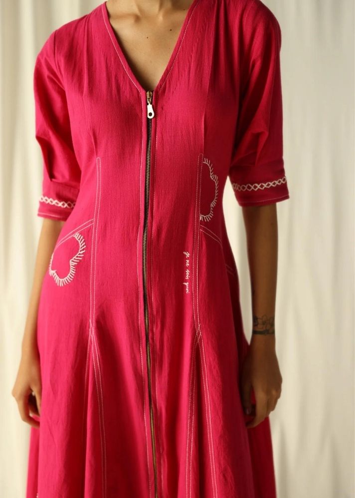 A Model Wearing Pink Cotton Khadi Khajjiar Handwoven Dress, curated by Only Ethikal