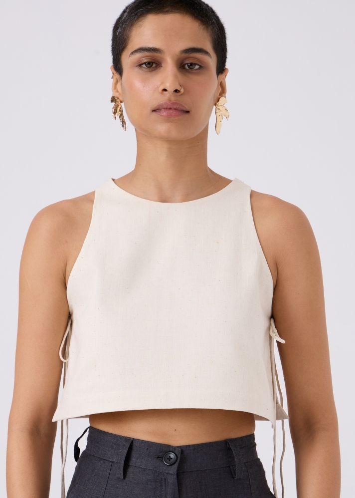 A Model Wearing White Handwoven Cotton Tia Cropped Handspun Khadi Tie Top, curated by Only Ethikal