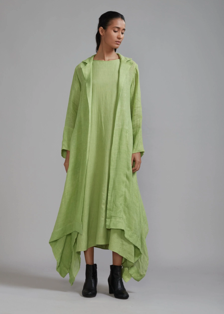 A Model Wearing Green Handloom Cotton Trench Green Koza Jacket , curated by Only Ethikal