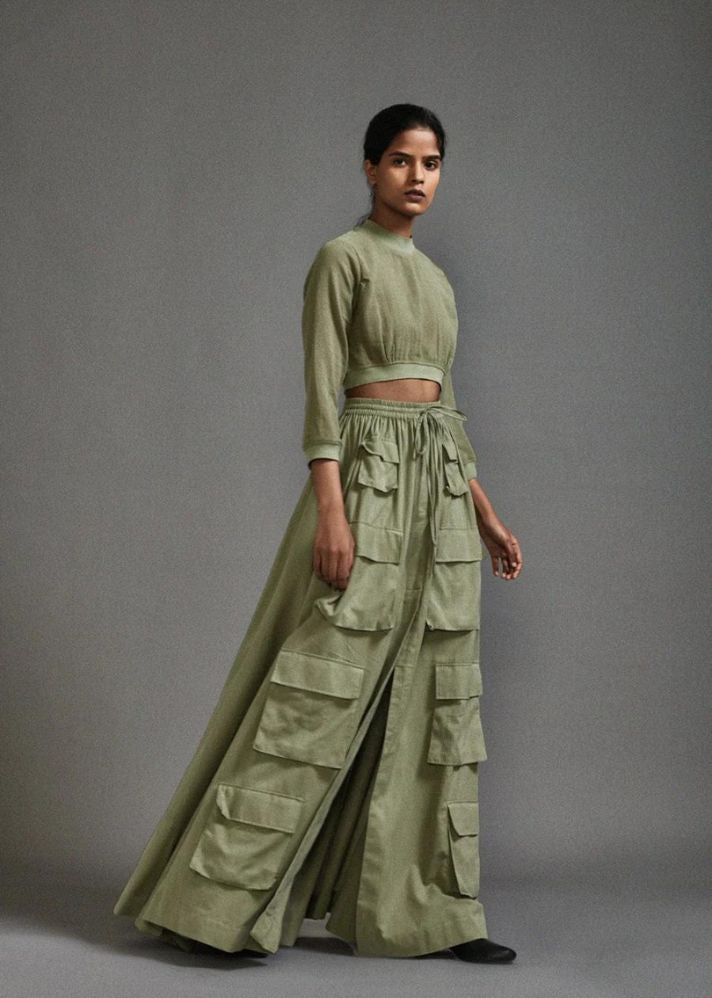 A Model Wearing Green Handwoven Cotton Cargo Skirt, curated by Only Ethikal