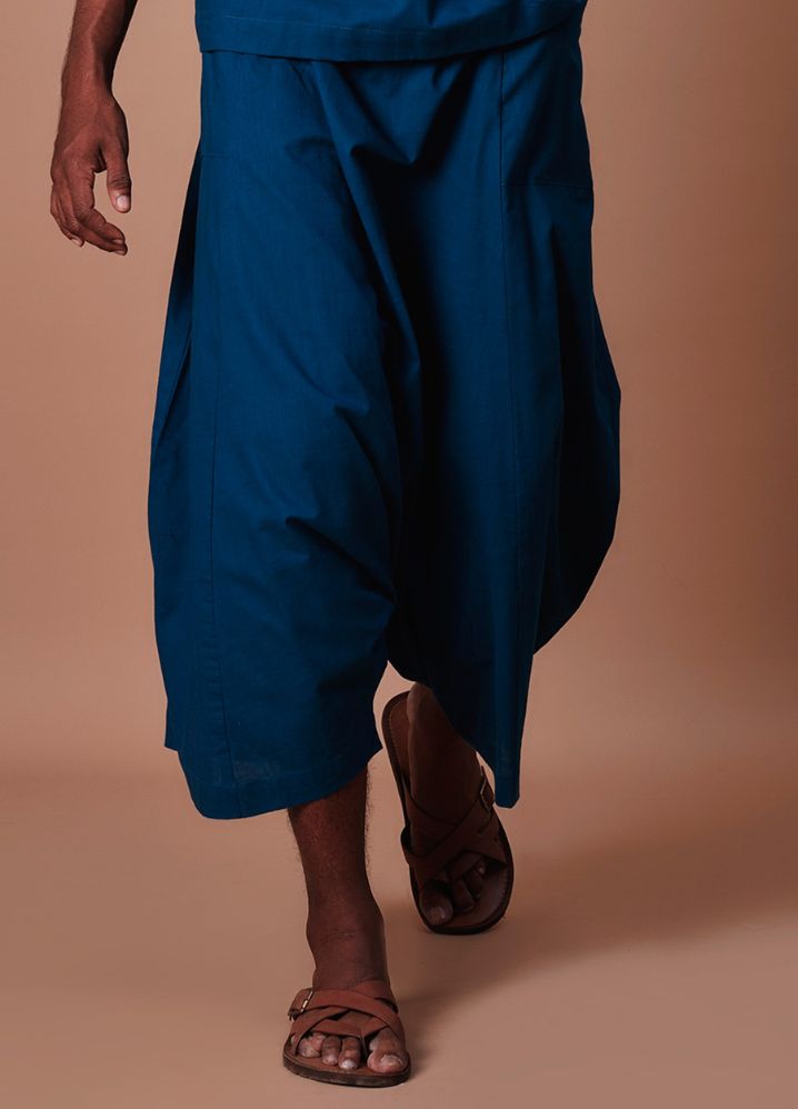 A Model Wearing  Blue Pure Cotton Teal Blue Easy Fit Harem Pants, curated by Only Ethikal