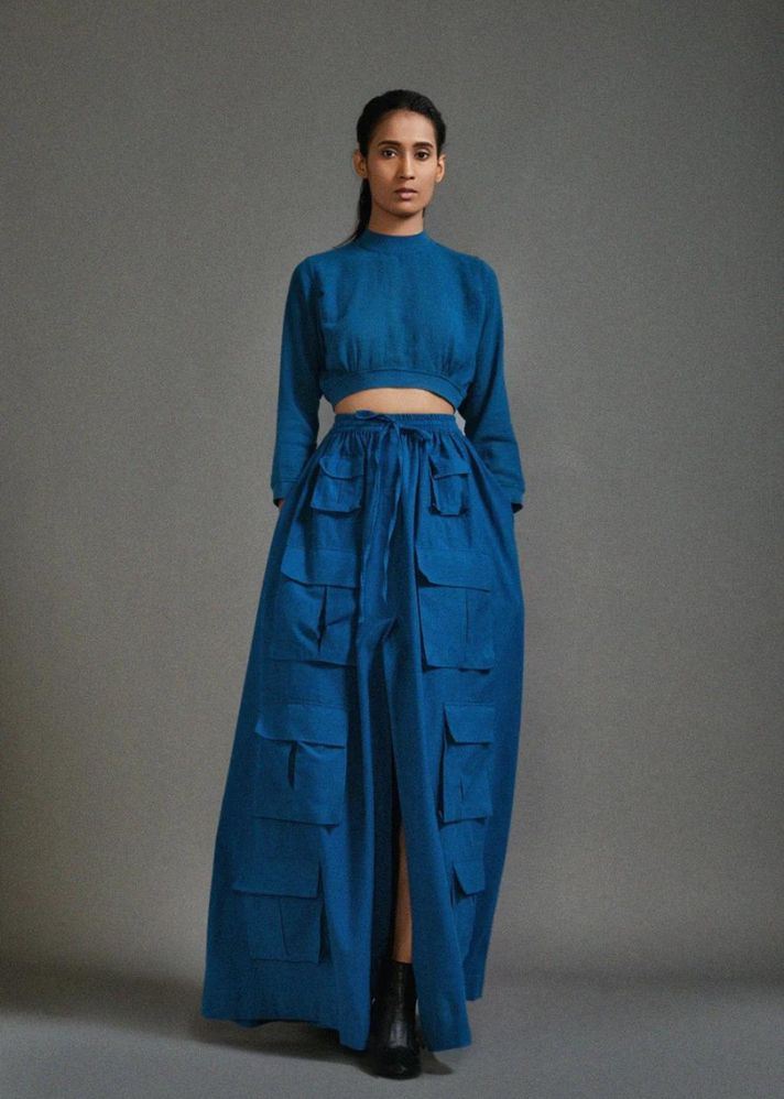A Model Wearing Blue Handwoven Cotton Cargo Skirt, curated by Only Ethikal