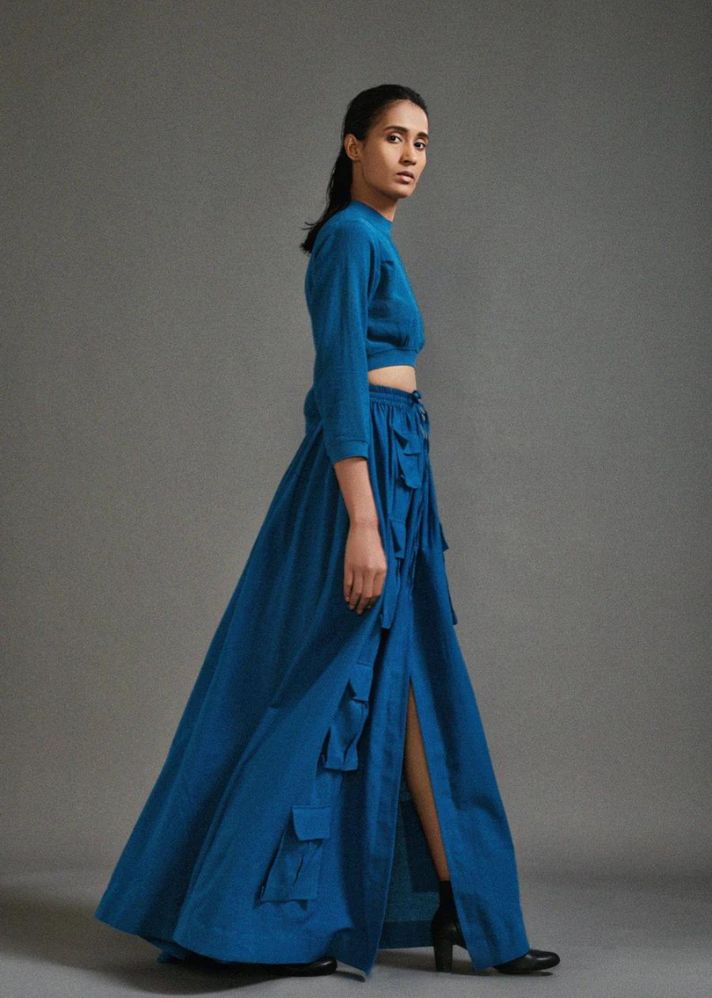 A Model Wearing Blue Handwoven Cotton Cargo Skirt, curated by Only Ethikal