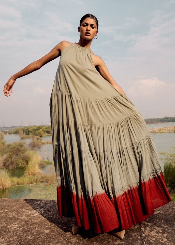 A Model Wearing Green Pure Cotton Crest Dress, curated by Only Ethikal