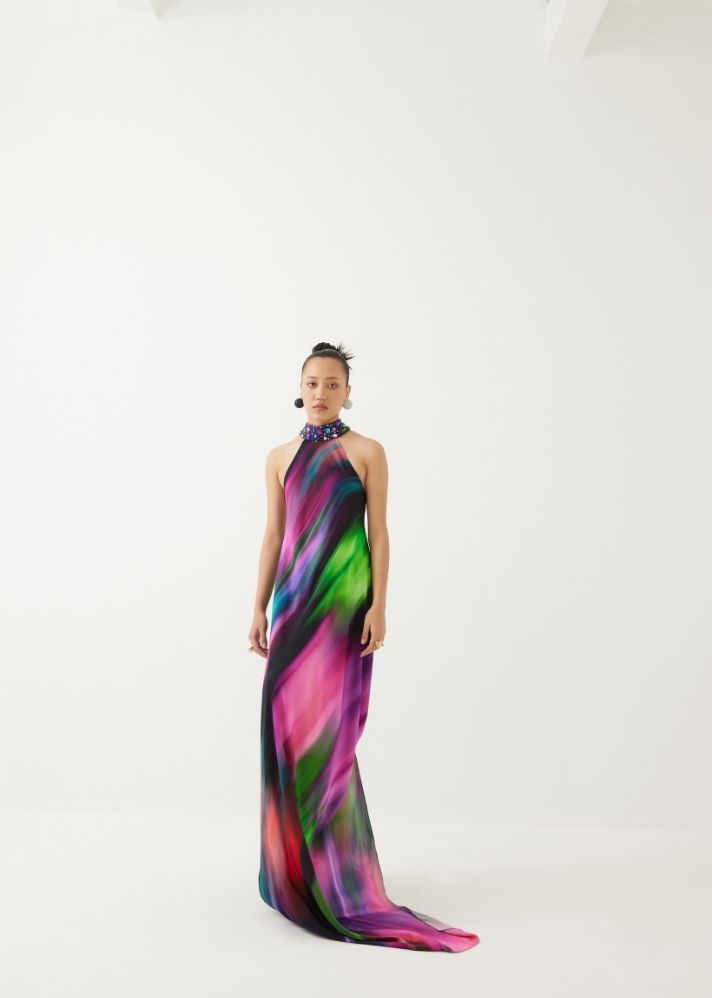 A Model Wearing Multicolor Organic Cupro Milky Way Halter Dress, curated by Only Ethikal