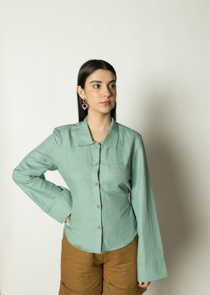 A Model Wearing Mint Hemp The Back Tie Shirt, curated by Only Ethikal