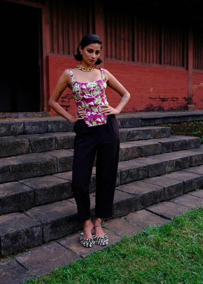 A Model Wearing Multicolor Silk Jhansi Corset, curated by Only Ethikal