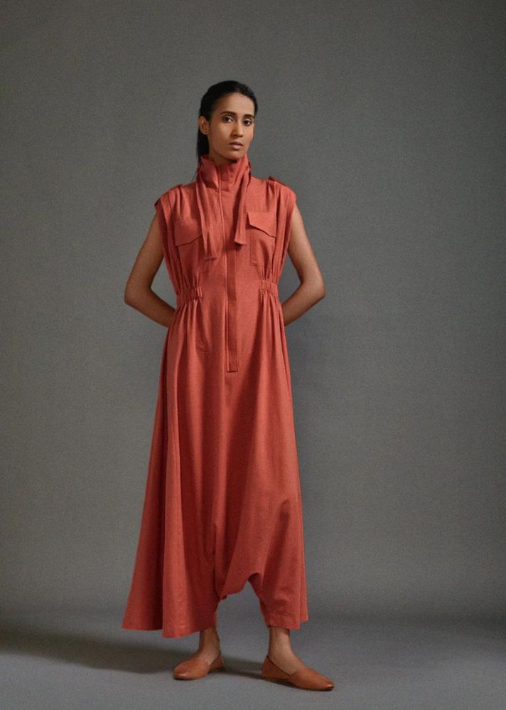 A Model Wearing Rust Handwoven Cotton Safari Sphara Jumpsuit, curated by Only Ethikal