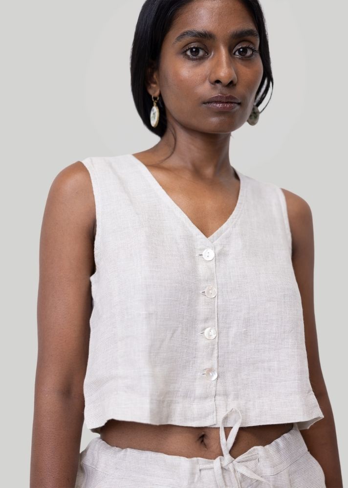 A Model Wearing White Linen Cropped vest shirt White, curated by Only Ethikal