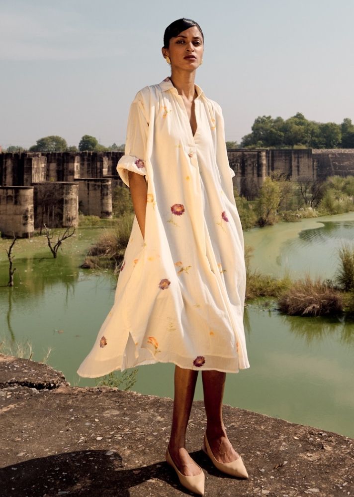 A Model Wearing Multicolor Pure Cotton Dove Shirt Dress, curated by Only Ethikal