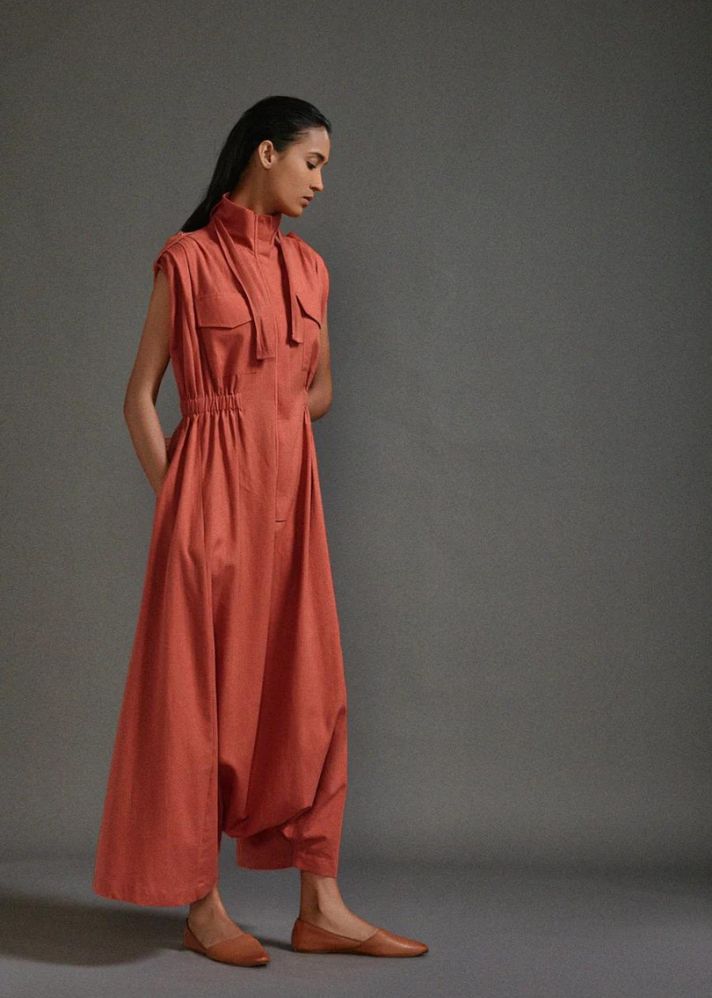 A Model Wearing Rust Handwoven Cotton Safari Sphara Jumpsuit, curated by Only Ethikal