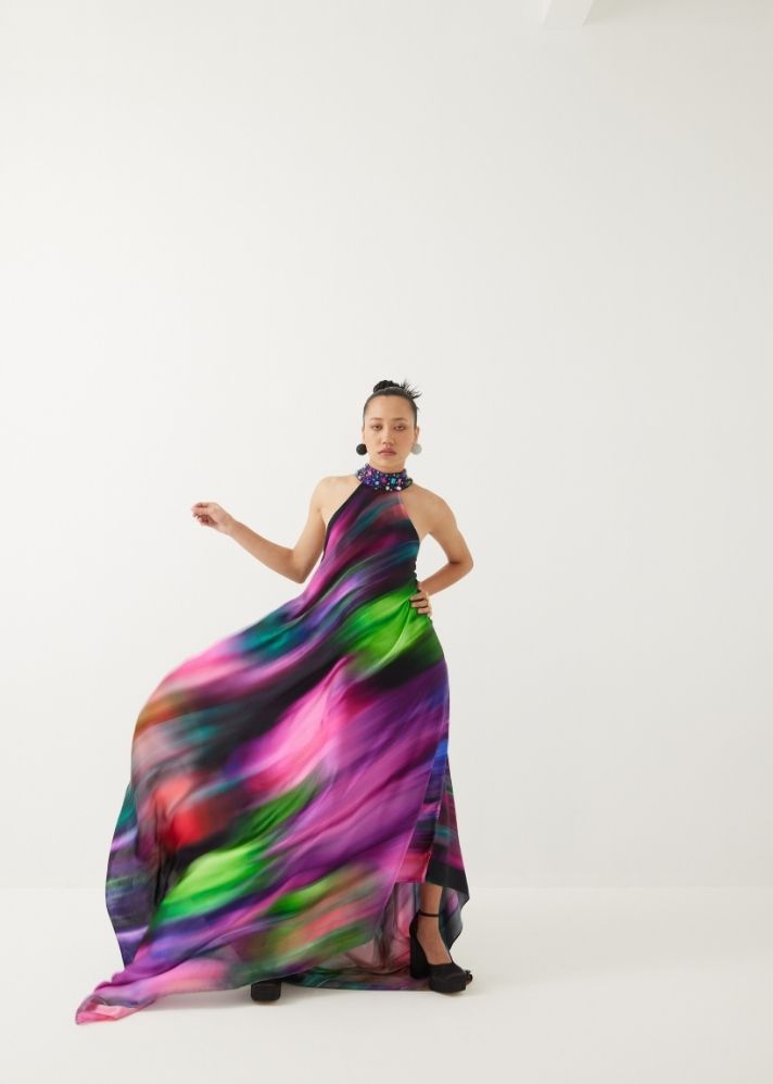 A Model Wearing Multicolor Organic Cupro Milky Way Halter Dress, curated by Only Ethikal
