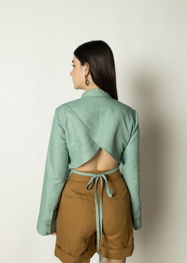A Model Wearing Mint Hemp The Back Tie Shirt, curated by Only Ethikal
