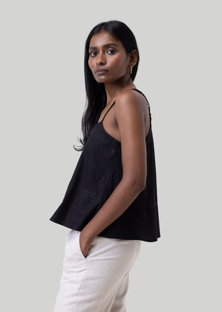 A Model Wearing Black Pure CottonV neck Camisole Plain with Lace Black, curated by Only Ethikal