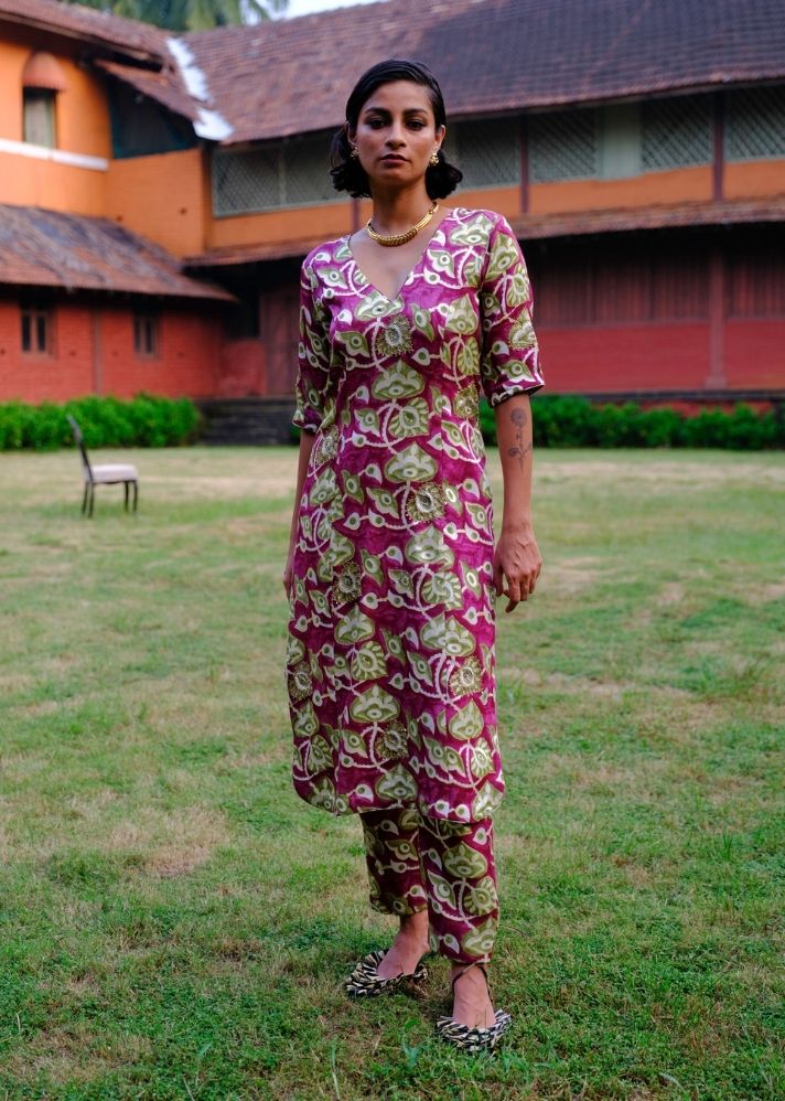 A Model Wearing Multicolor Silk Velu Kurta Set, curated by Only Ethikal
