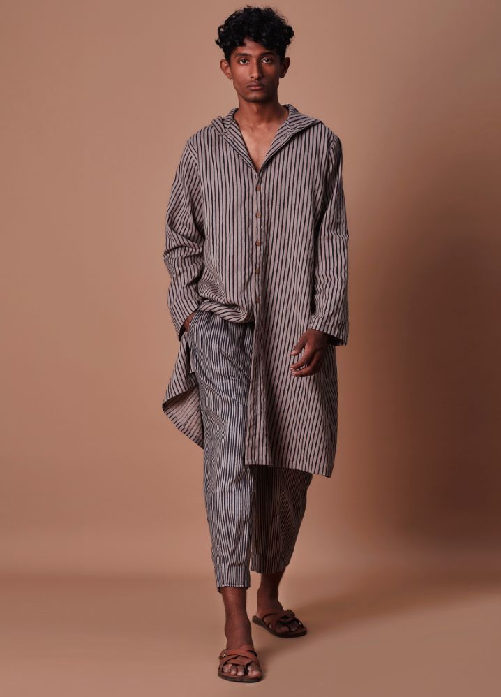 A Model Wearing  Striped Grey Pure Cotton Grey Striped Men's Trousers, curated by Only Ethikal