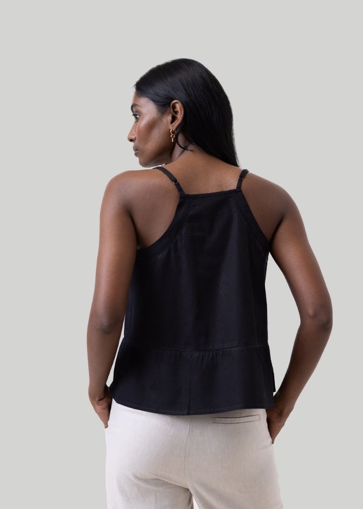 A Model Wearing Black Pure CottonV neck Camisole Plain with Lace Black, curated by Only Ethikal